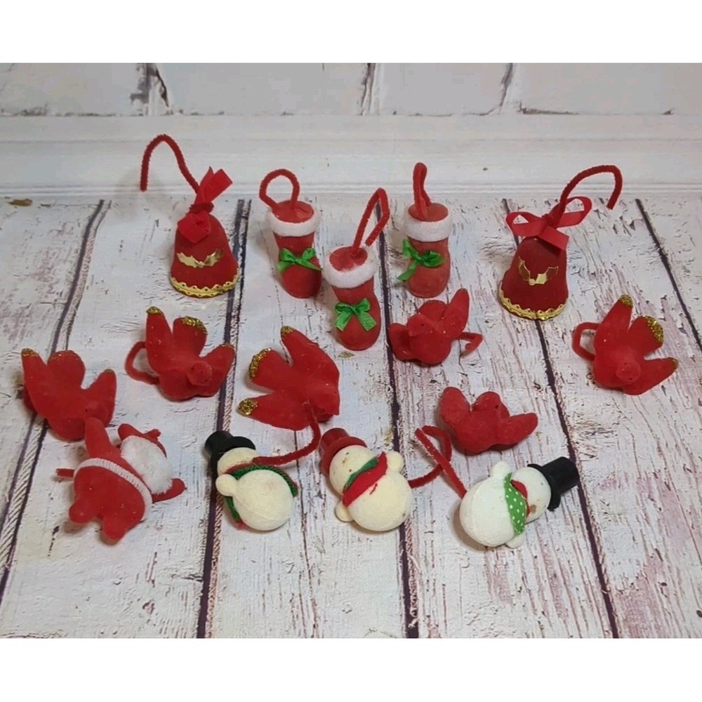 Vintage Lot/15 Miniature Flocked Christmas Ornaments Santa Snowman Boots Bells